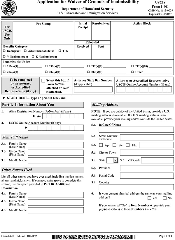 Đơn xin ân xá I-601 và điều kiện xét duyệt miễn cấm nhập cảnh Mỹ